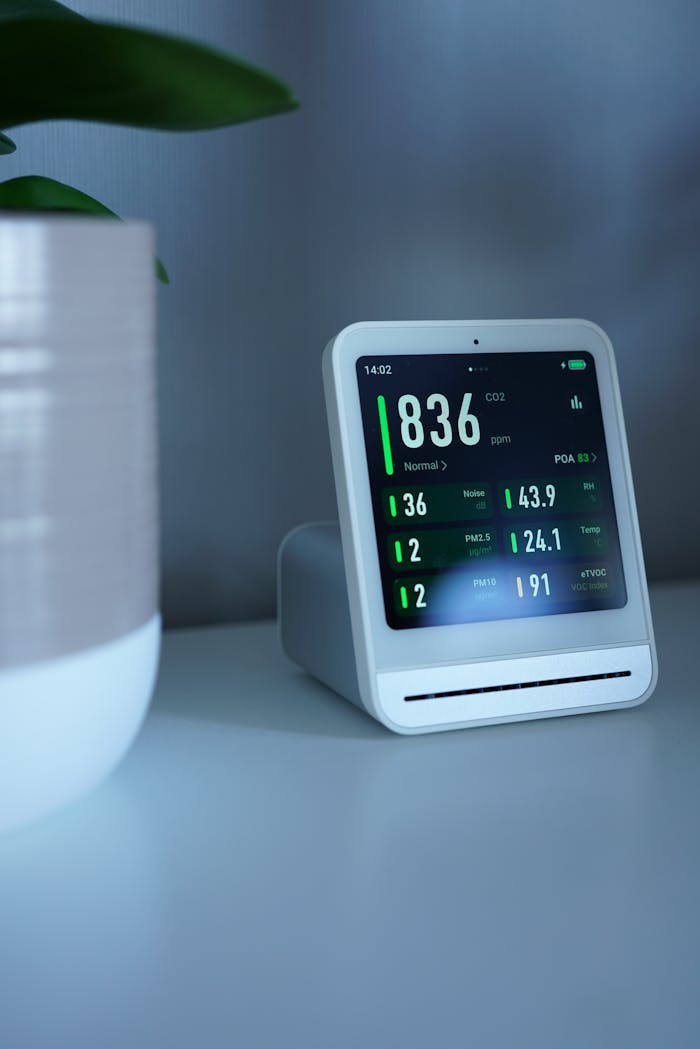 A sleek air quality monitor showing CO2 levels and other metrics on a desk indoors.